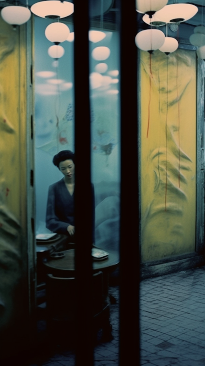 AI artwork of a figure looking down inside a dim blue room, viewed through thick vertical window frames set into textured, peeling yellow exterior walls.