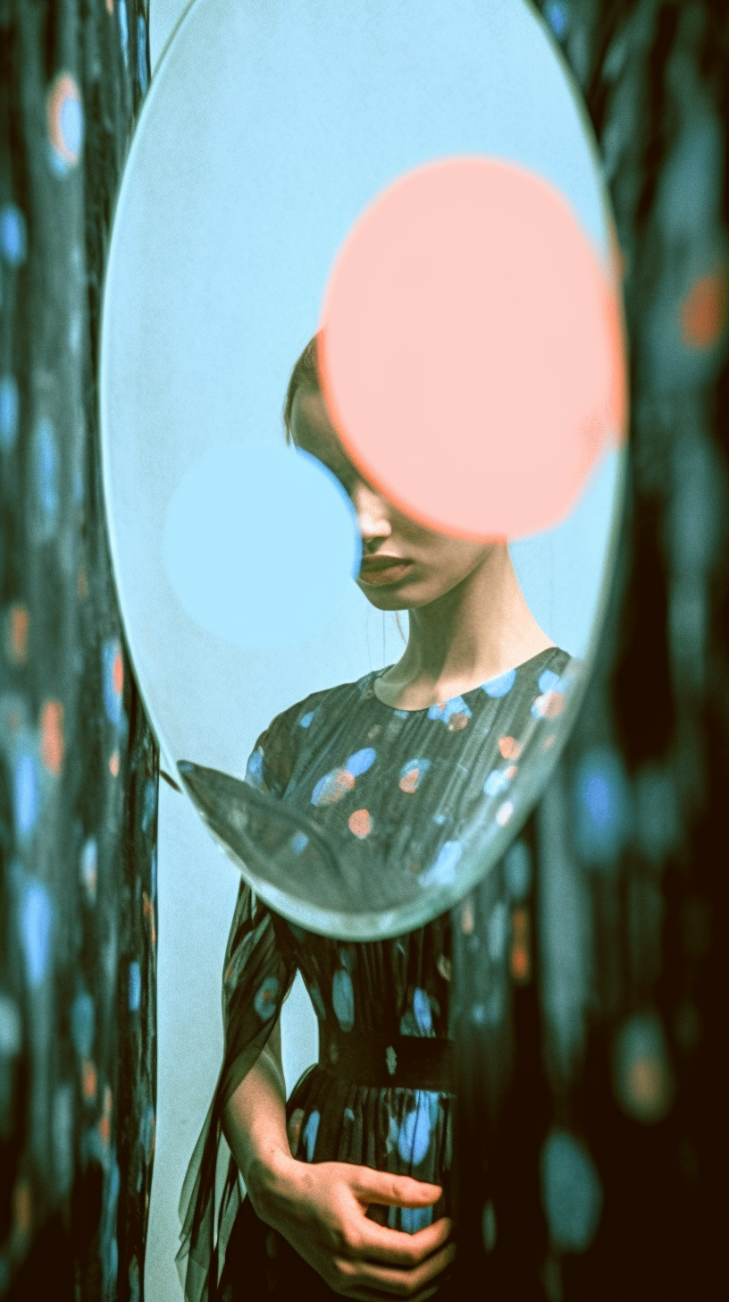 AI artwork showing a woman in a dark patterned dress viewed through a round reflective lens, with flat orange and blue abstract circles obscuring parts of her face against a dark painterly background.
