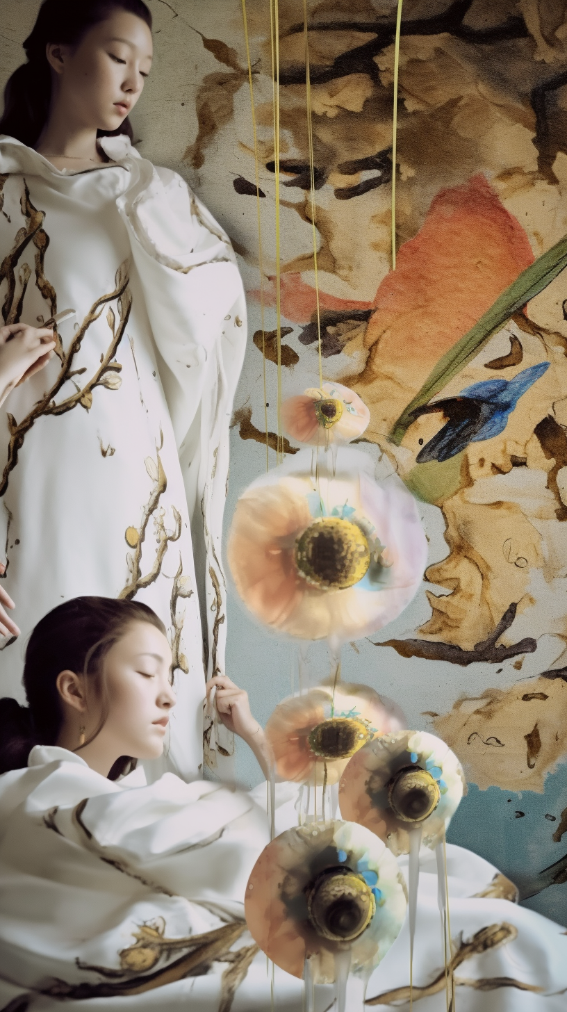 AI artwork showing a close-up profile of a person with closed eyes next to a complex collage of textured white cloth, black branch illustrations, and vibrant gold and orange paint layers.