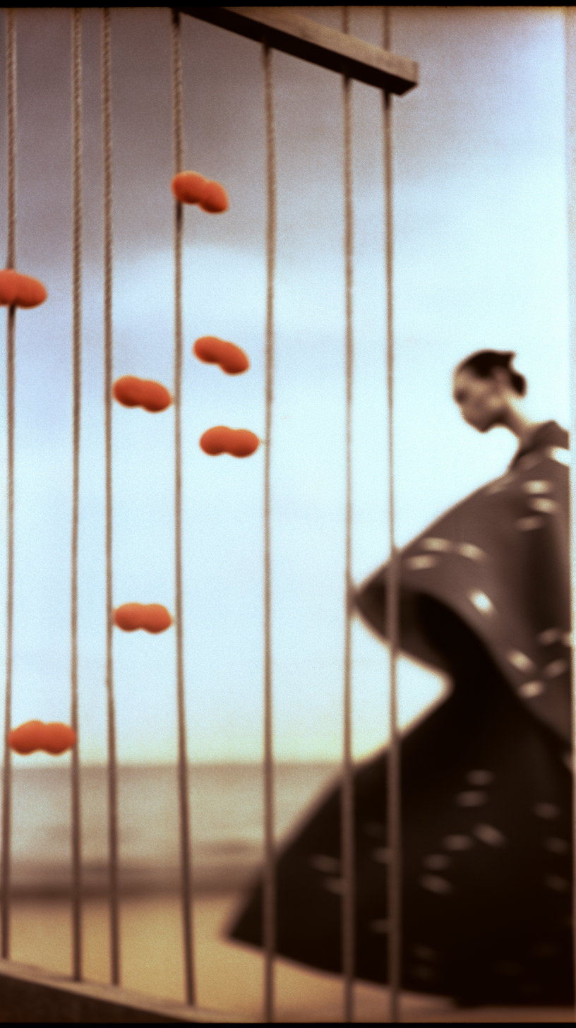 AI artwork of a minimalist wire frame barrier with small orange peanut-shaped weights attached to vertical lines, with a heavily out-of-focus figure in a wide dark gown walking on a beach against a pale sky in the background.