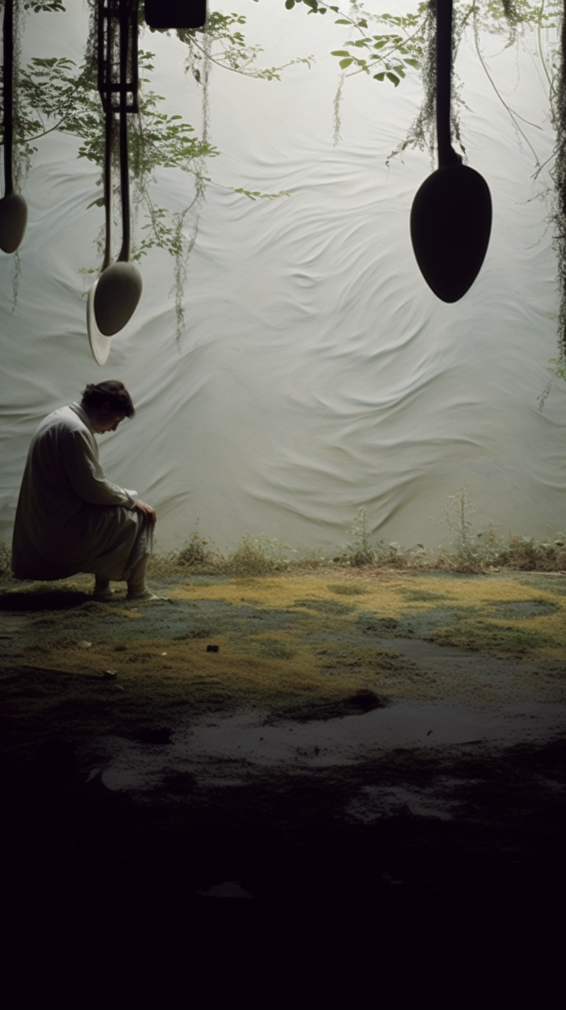 AI artwork of a person in a light robe crouching on damp, mossy ground beneath hanging dark teardrop-shaped pod structures, set against a wrinkled white backdrop.