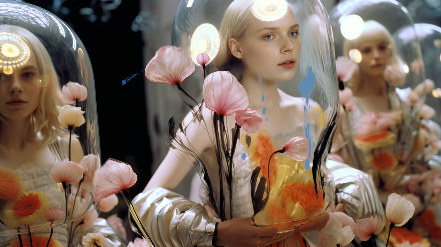 AI artwork depicting mirrored blonde women enclosed inside large, transparent glass terrarium bulbs, decorated with long, delicate pink flowers and bright splashes of yellow and orange blooms.