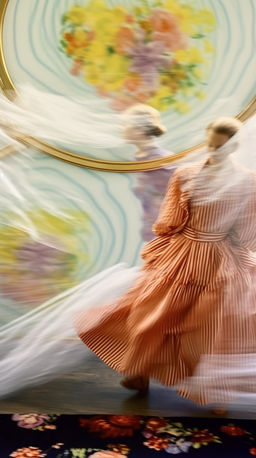 AI artwork depicting a figure in a red gingham dress captured in blurred, kinetic motion, surrounded by fluid, wavy translucent line patterns.
