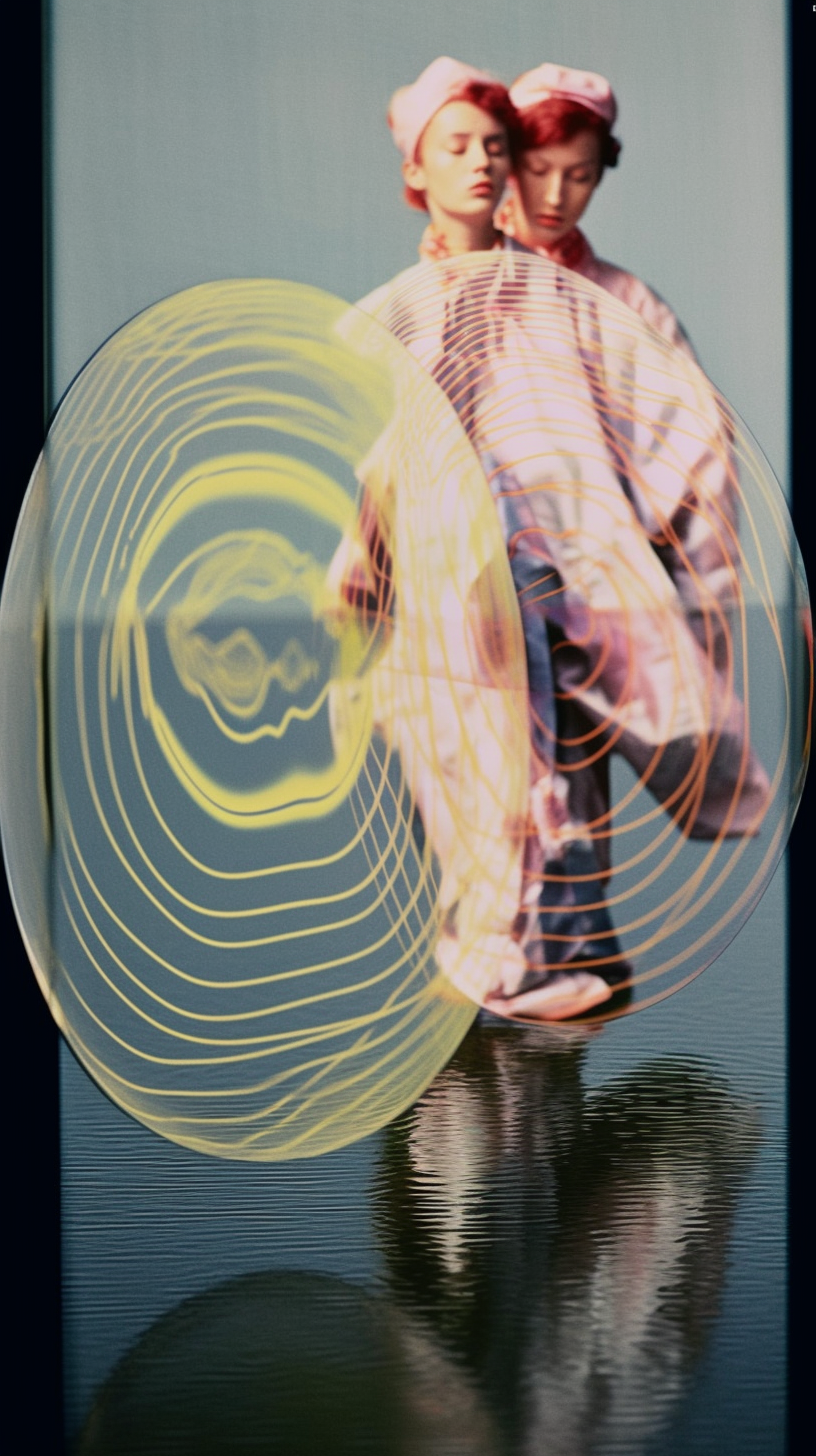 AI artwork featuring a layered double exposure of a red-haired woman standing over a dark, reflective water surface, overlaid with a large yellow concentric circle pattern.