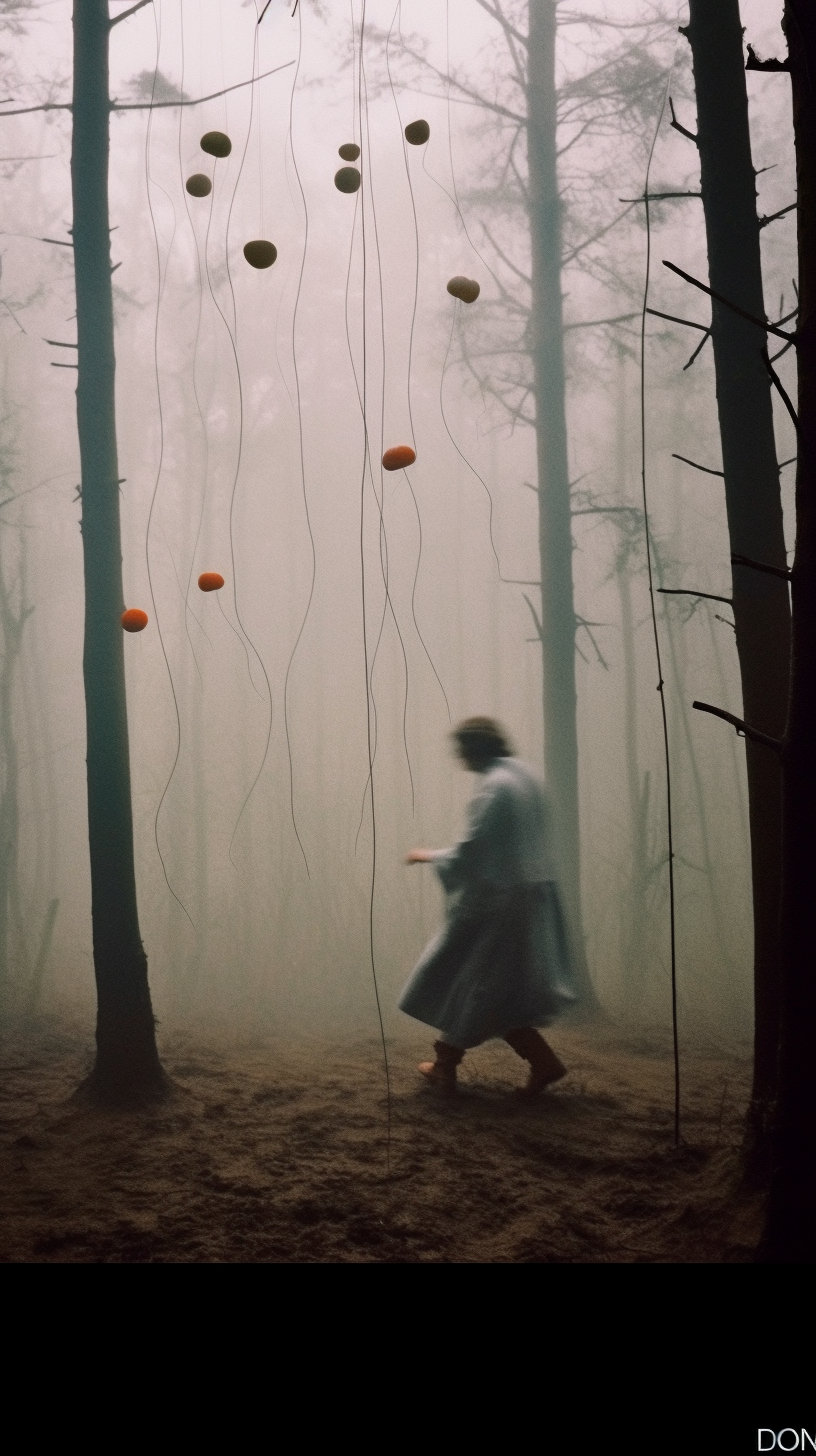 AI artwork of a figure in a grey cloak walking through a dense, foggy woodland with vibrant orange spheres suspended in the air between bare tree trunks.