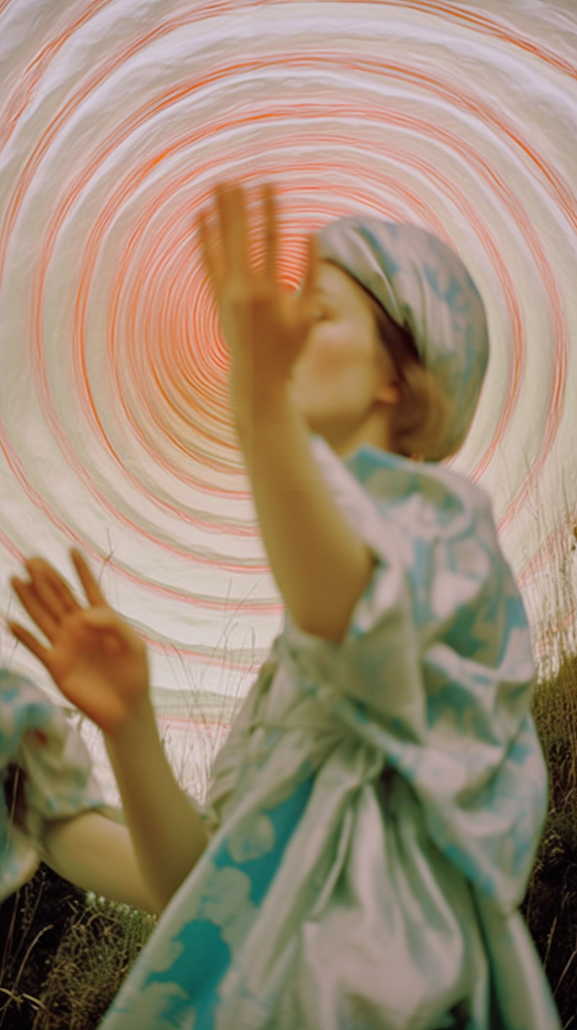 AI artwork of a figure with raised hands and a light blue headwrap looking upward into a massive background of radiating red and white concentric frequency lines.