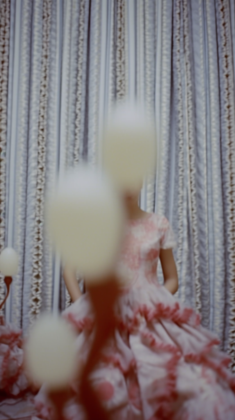 AI artwork focusing on a woman in a pink and white ruffled dress standing before a vertical blue and white striped curtain, partially obscured by large, out-of-focus white shapes in the absolute foreground.