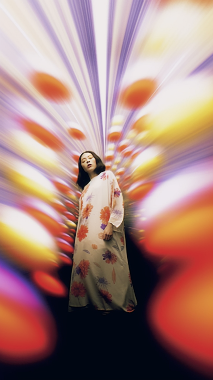 AI artwork featuring a woman in a floral maxi dress captured against a powerful, explosive blast of yellow, orange, and magenta light streaks radiating outward.