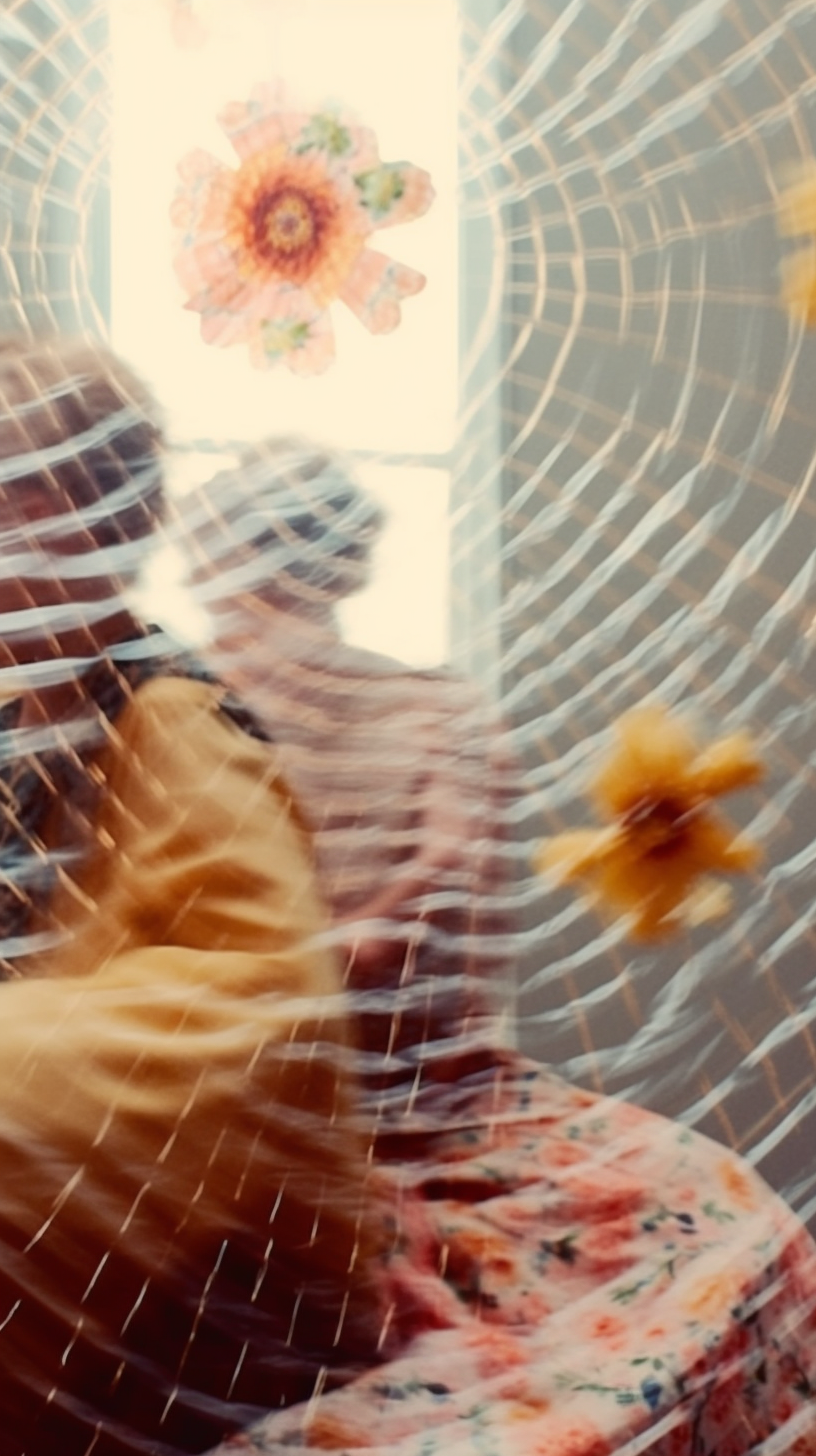 AI artwork of layered figures in warm apricot and cream tones, viewed through a transparent surface with deeply etched concentric ripple patterns.