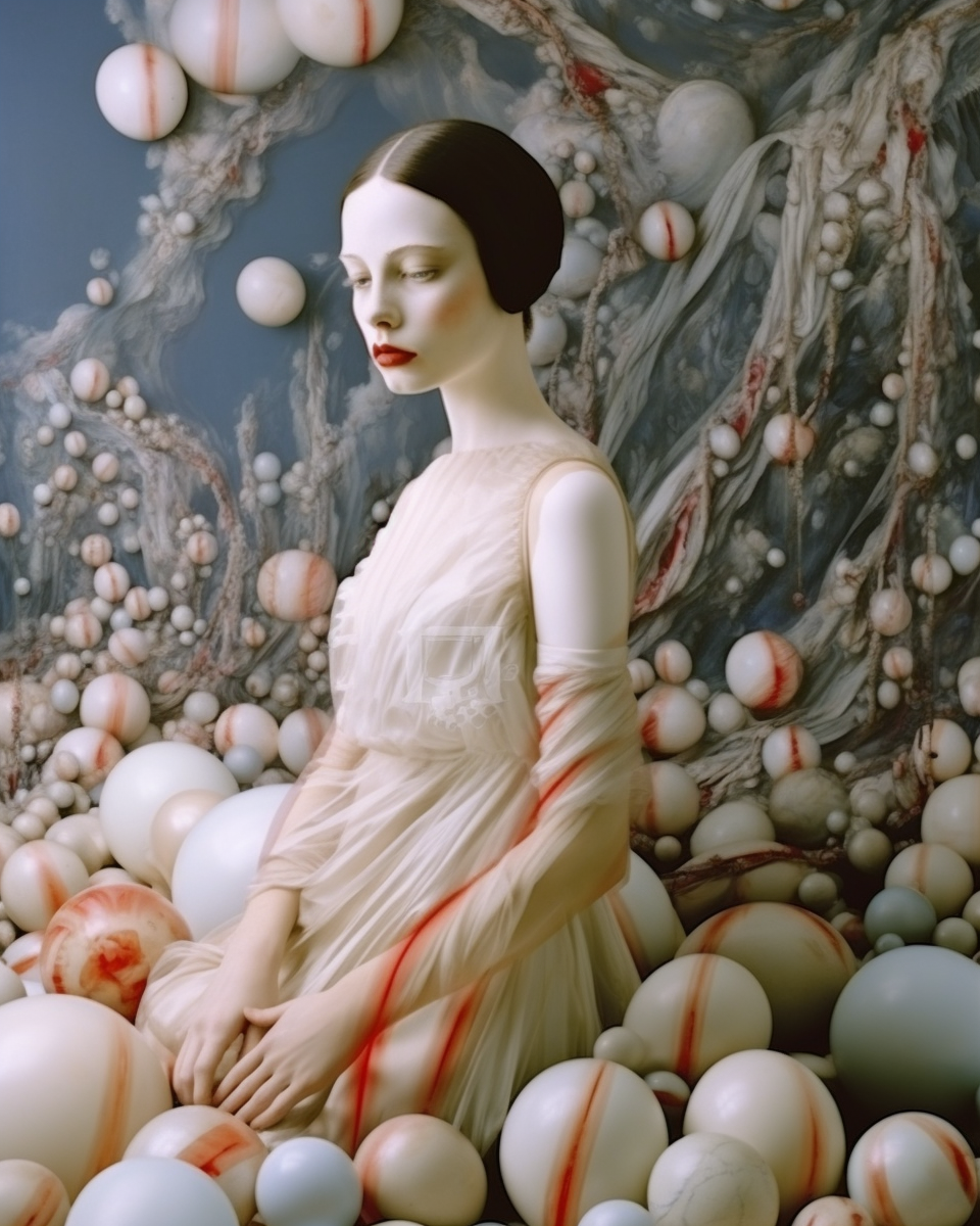 AI artwork of a pale woman with dark hair in a white dress, sitting down amidst an expansive, dense sea of hundreds of small pale spheres and intricate, web-like organic branches.