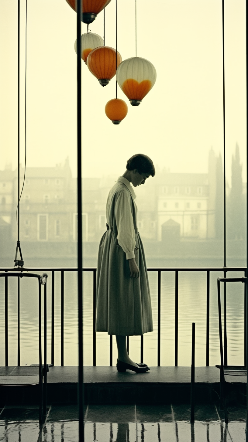 AI artwork of a woman in a vintage apron dress standing behind a thin geometric railing over water, looking down in contemplation against a hazy architectural background.