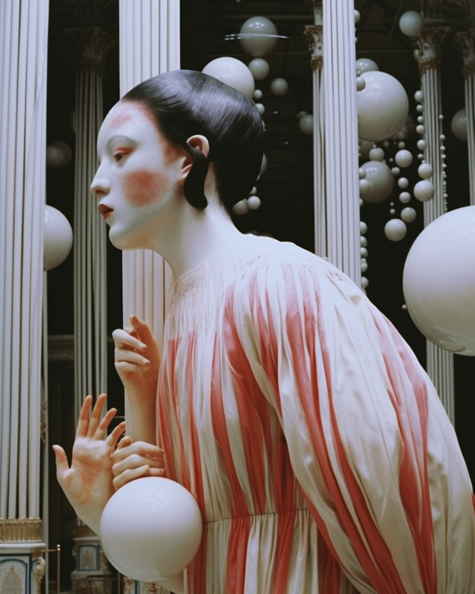 AI artwork featuring a side profile of a pale woman with dramatic red blush wearing a vertically striped red-and-white dress, set against structured white vertical tubes and dangling white spheres.