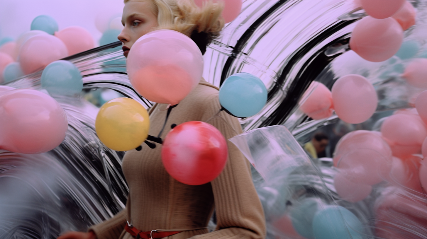 AI artwork of a woman in a brown ribbed knit top surrounded by oversized, matte pastel balloons in pink, yellow, and sky blue against a background of dynamic black brushstrokes.