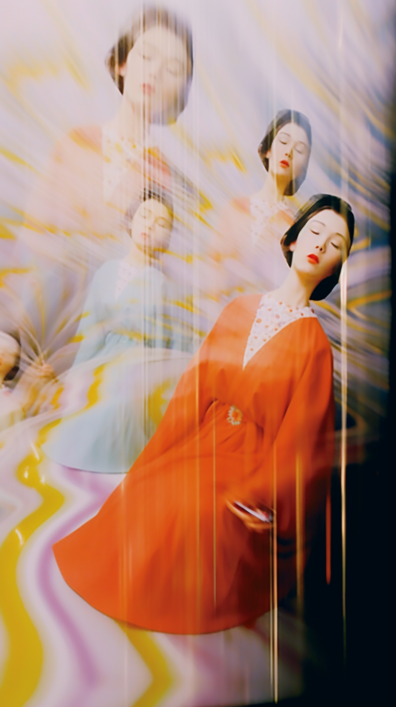 AI artwork showing a layered multiple exposure of a woman in a bold orange dress and a light blue gown, overlaid with swirling yellow lines and faint vertical texture streaks.