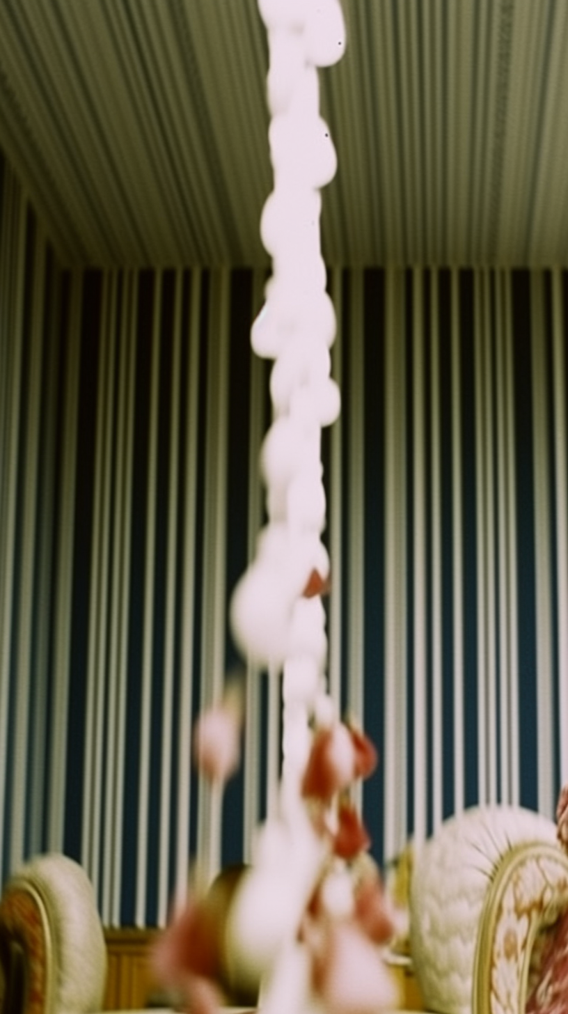 AI artwork of a heavily blurred vertical strand of white circular elements in the absolute foreground, contrasted against a background of sharp black and off-white vertical stripes.