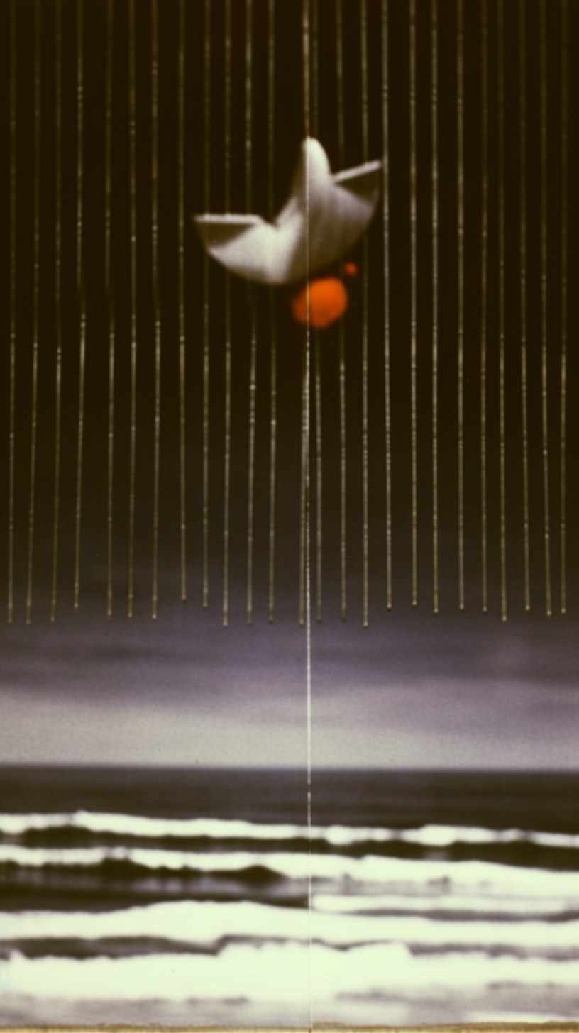 AI artwork of a dark horizon over a calm sea, viewed beneath a dense row of fine vertical lines or hanging beads in sharp focus with a single bright orange sphere near the top center.