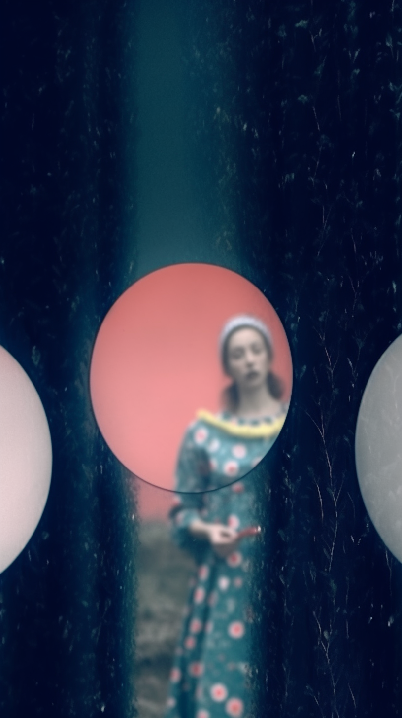 AI artwork of a heavily blurred woman in a blue garment with yellow trim, seen through a clean circular cutout overlaying a soft pink background within dark vertical drapes.