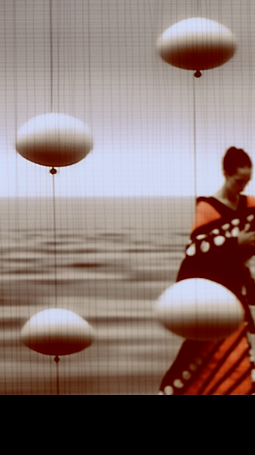 AI artwork of a woman in an orange and black patterned gown standing by a calm sea, viewed through a fine mesh texture overlay with large white floating oblong orbs.