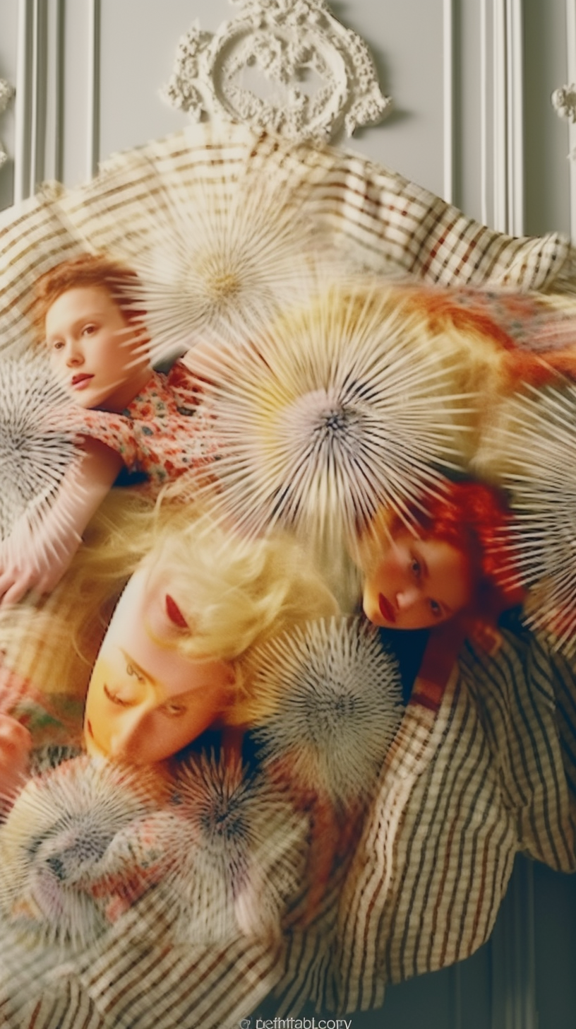 AI artwork featuring multiple overlapping portraits of blonde and red-haired figures, layered beneath radiating, spiky white circular patterns.