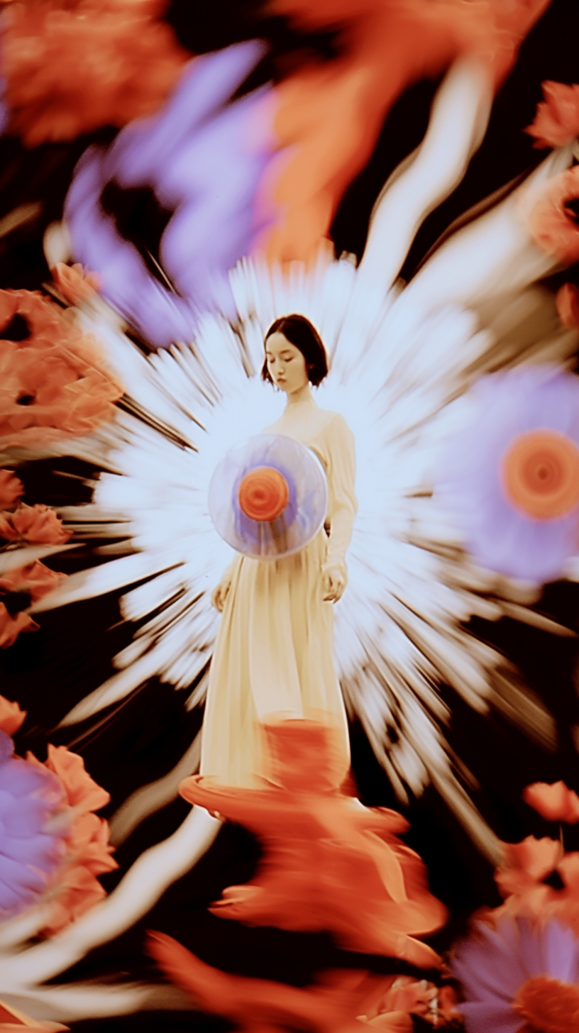 AI artwork of a woman in a cream dress with a bright starburst of white light rays exploding outward behind her, framed by soft orange and violet abstract cloud textures.