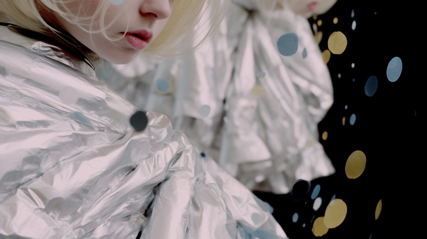 AI artwork showing a tight macro perspective of a blonde figure's face against heavily crumpled, reflective silver metallic foil accented with subtle blue and dark abstract spots.