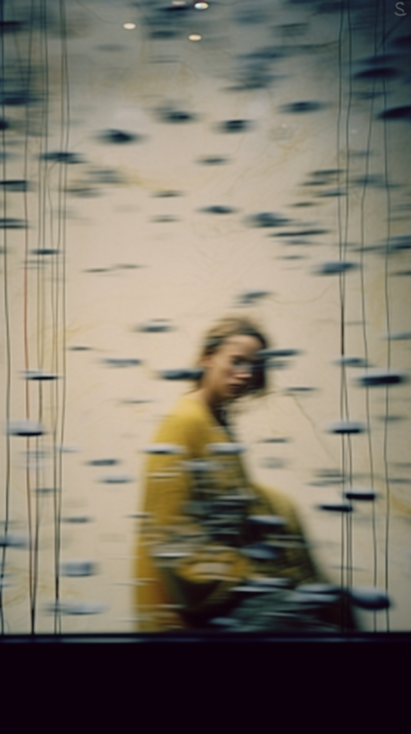AI artwork of a motion-blurred woman in a yellow dress walking through a pale environment filled with hundreds of floating, horizontal blue-grey oval shards.