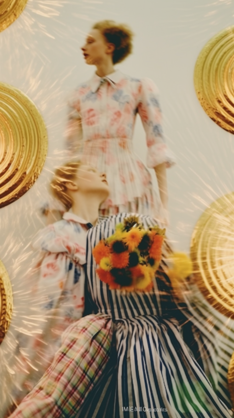 AI artwork of a figure looking upward while holding a vibrant orange and yellow bouquet, flanked on both sides by large, metallic gold concentric discs.