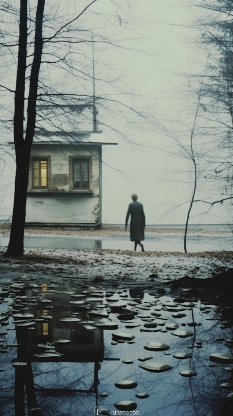 AI artwork of a lone figure in a long grey coat walking past a weathered white structure with lit windows, surrounded by bare trees and reflected in a large foreground puddle.
