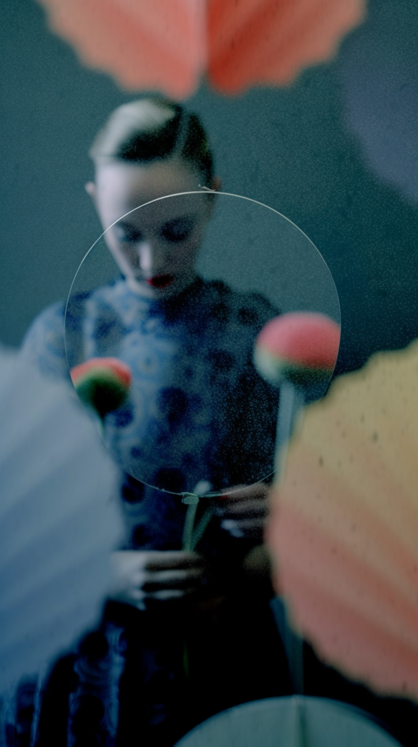 AI artwork of a woman in a dark blue patterned top looking downward, viewed through a large transparent circular lens overlay with blurry orange and pink floral buds in the foreground.