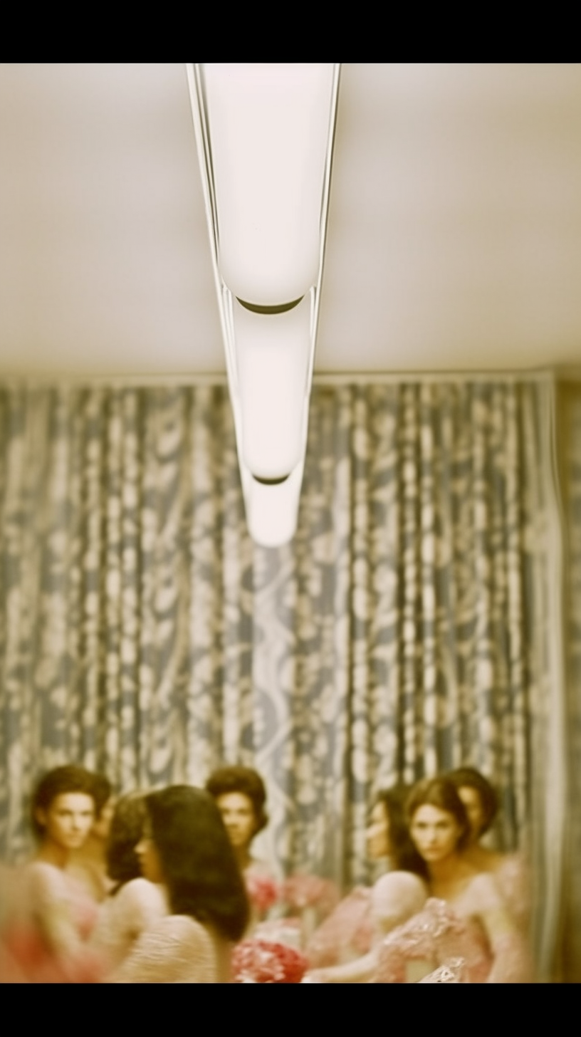 AI artwork of a long white capsule-shaped light fixture extending downward in sharp focus, set against a heavily blurred background of a blue and white retro patterned curtain.