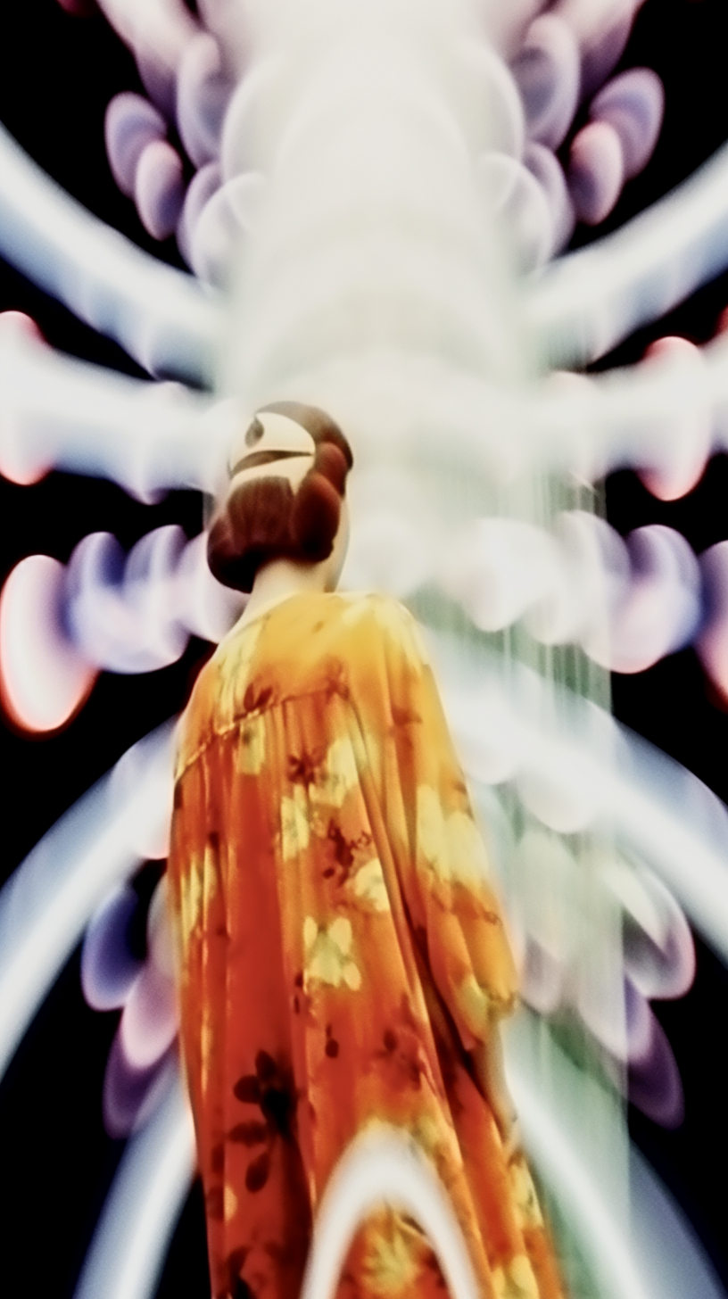 AI artwork from a back-facing view of a person with an elaborate updo in an orange patterned robe, surrounded by horizontal, melting white and violet light shapes against a dark background.