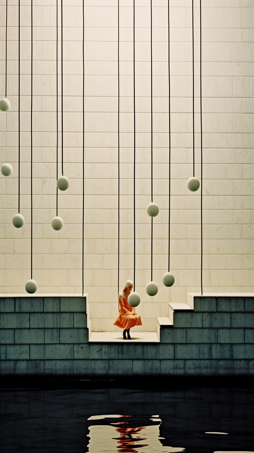 AI artwork of a woman in a bright orange dress seated inside a step cutout of a massive, white grid-tiled concrete block wall, surrounded by pale spheres hanging from thin vertical black lines.