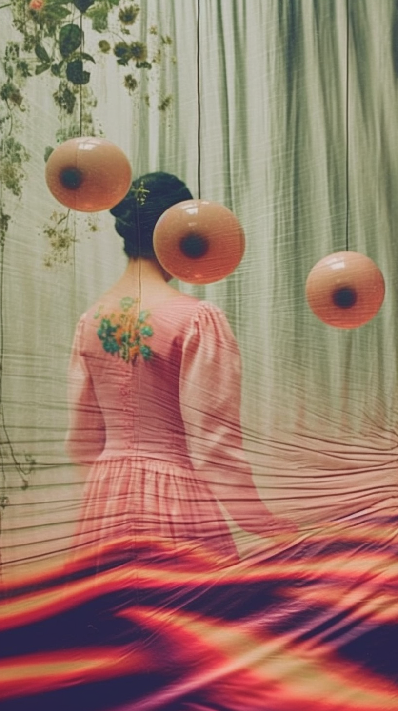 AI artwork from a back-facing view of a woman in a pink dress with floral back embroidery, looking towards a misty landscape with three floating orange terracotta disks and rippling foreground waves.
