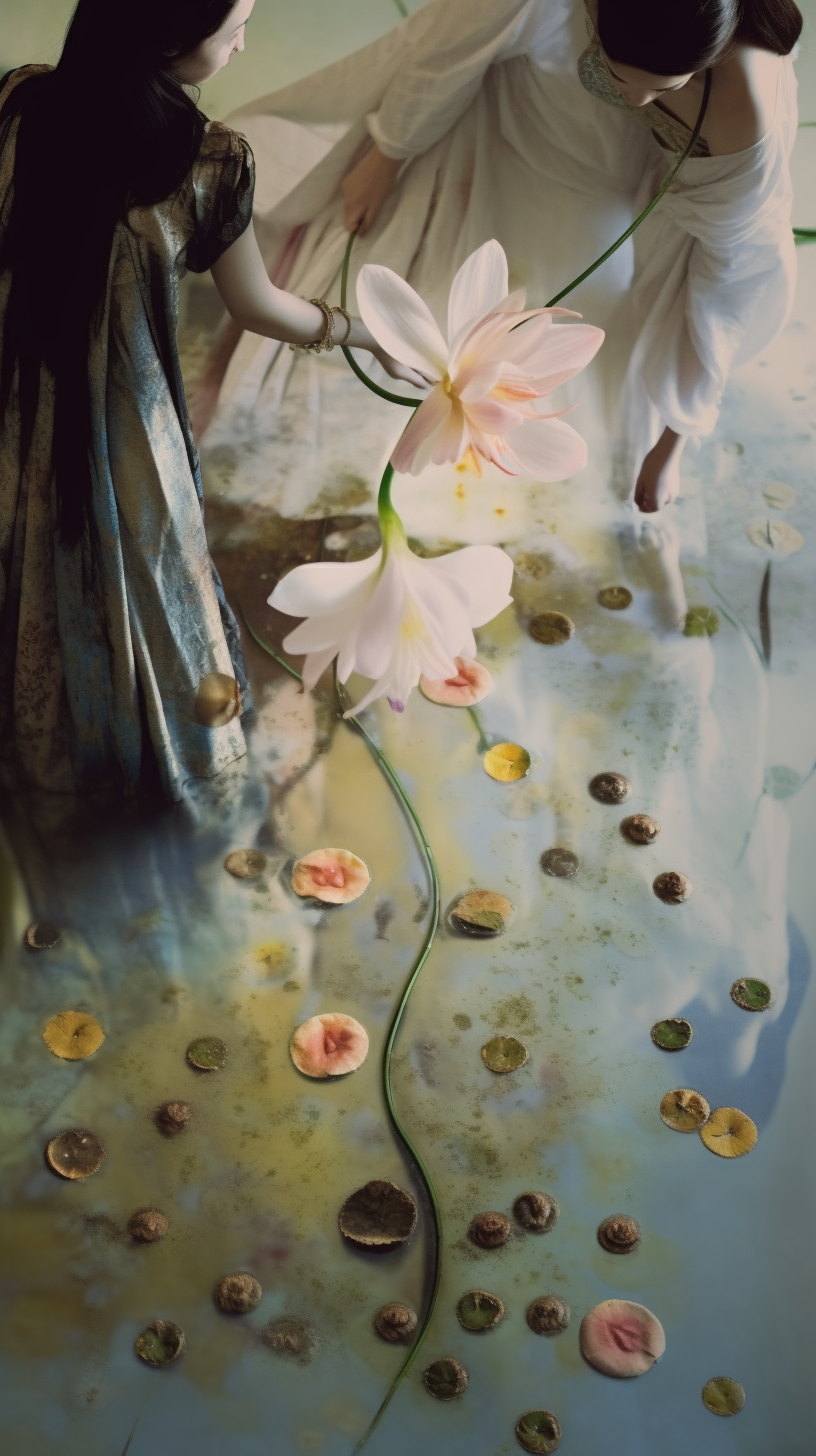 AI artwork showing a top-down view of pale white lilies and pink blossoms drifting in swirling, misty blue and gold fluid with fine green tendrils.