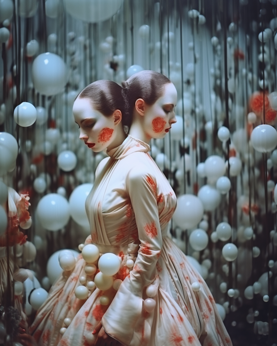 I artwork of two pale-faced conjoined women joined back-to-back with bold red circular patches painted on their cheeks, wearing a cream dress with red patterns amidst a massive cloud of hanging white balloons.