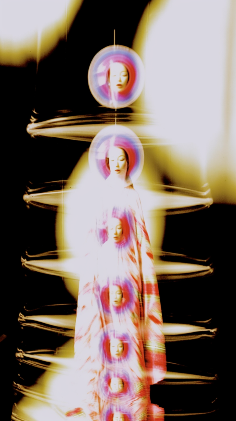 AI artwork of a figure bathed in an intense white light, encircled by thick, glowing gold and yellow swirling energy rings against a pitch-black background.