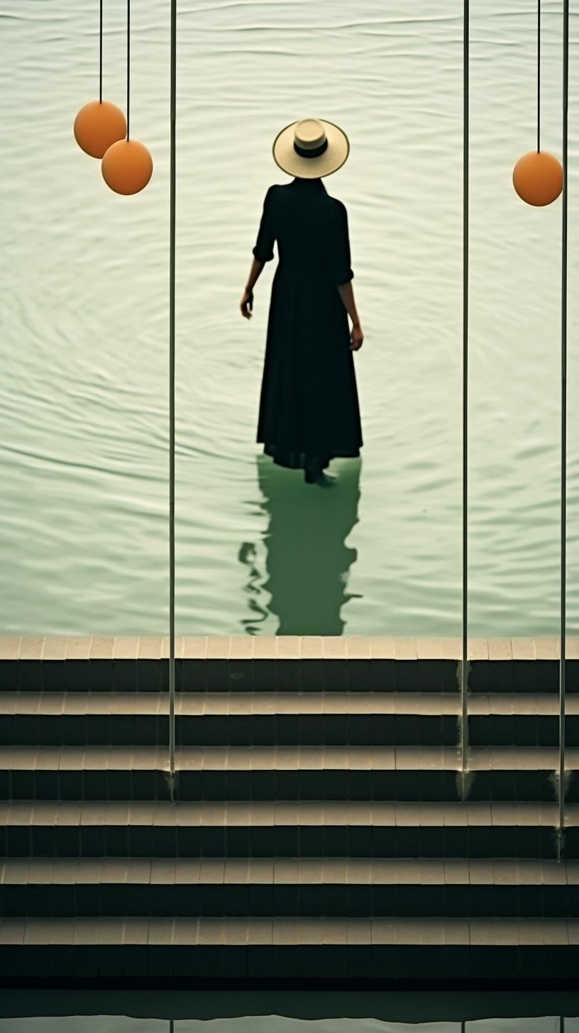 AI artwork from a high angle showing a woman in a long black dress wading away in calm green water, framed by thin vertical poles, hanging orange orbs, and dark concrete steps in the foreground.