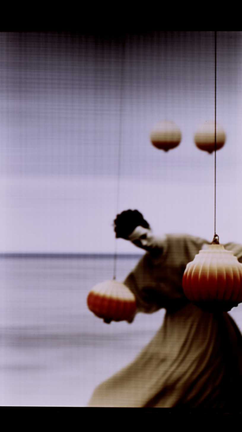 AI artwork of a blurred figure on a beach beneath a grey sky, standing beside hanging string-attached globes and a prominent red ribbed paper lantern in the foreground.