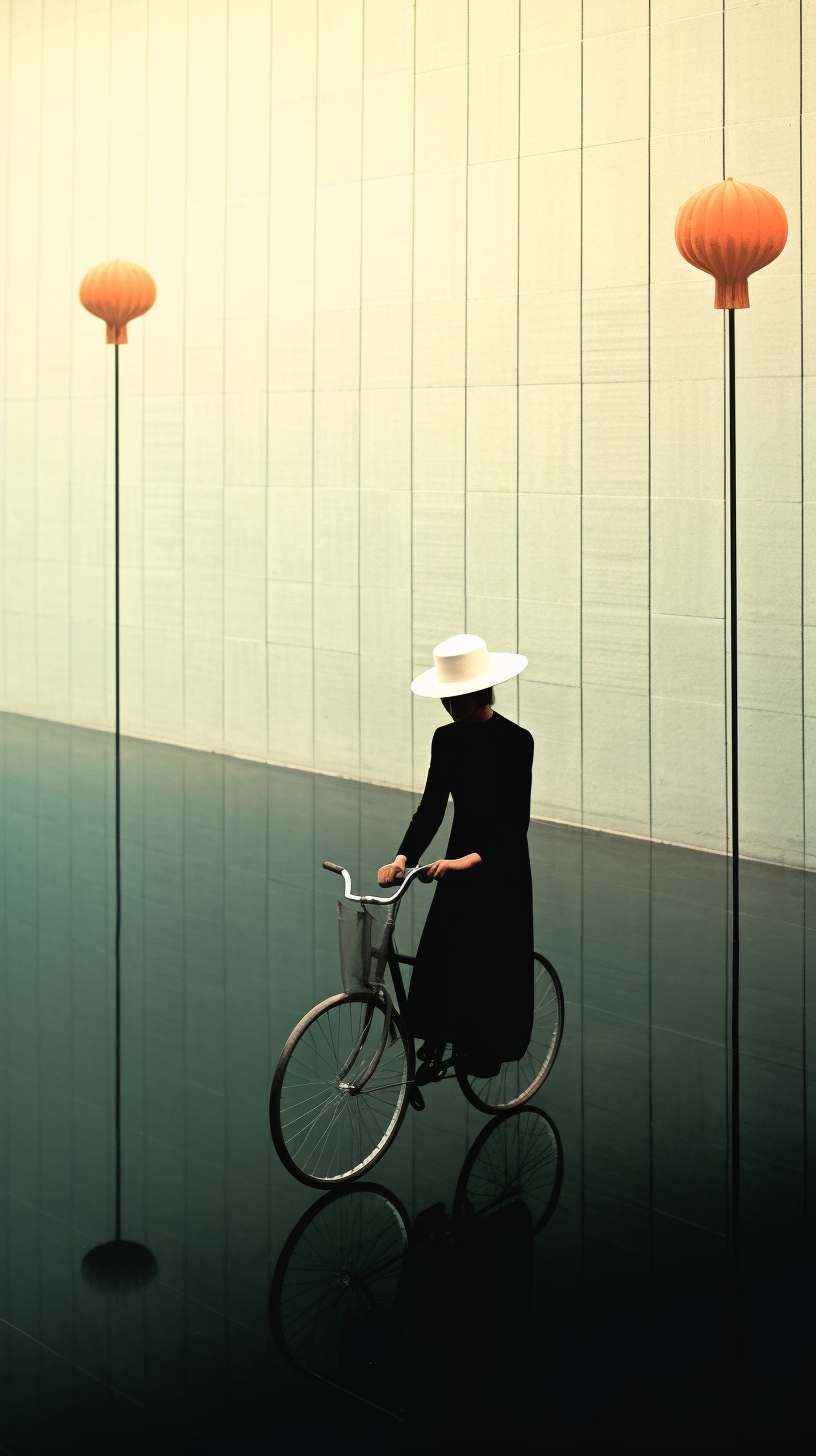 AI artwork of a figure in a long dark coat and a wide-brimmed white hat riding a bicycle alongside a deep teal ground and a tall, vertically paneled off-white wall.