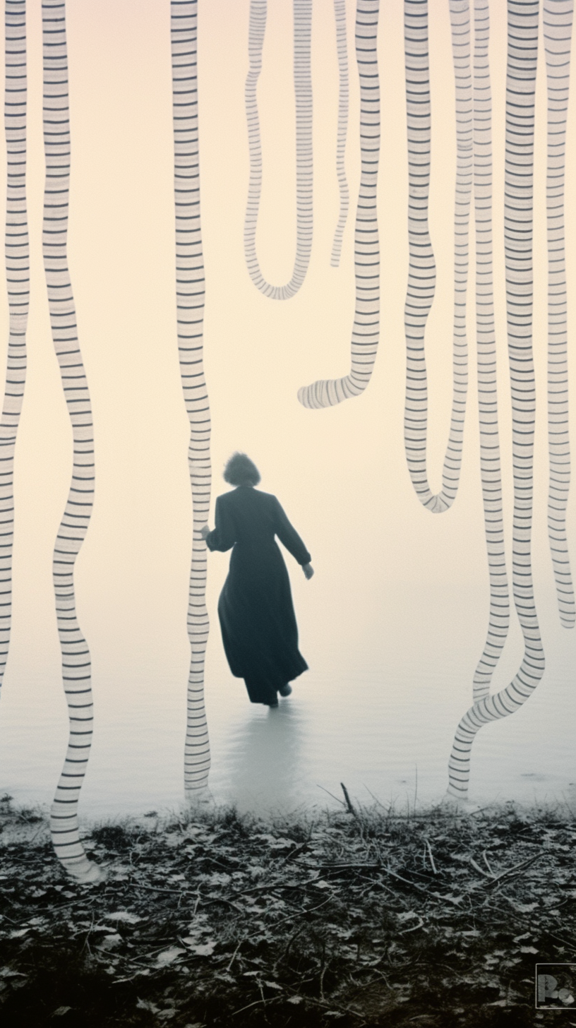 AI artwork featuring a dark silhouette of a woman walking across a light grey expanse, framed by hanging vertical bands filled with fine, ladder-like black horizontal lines.