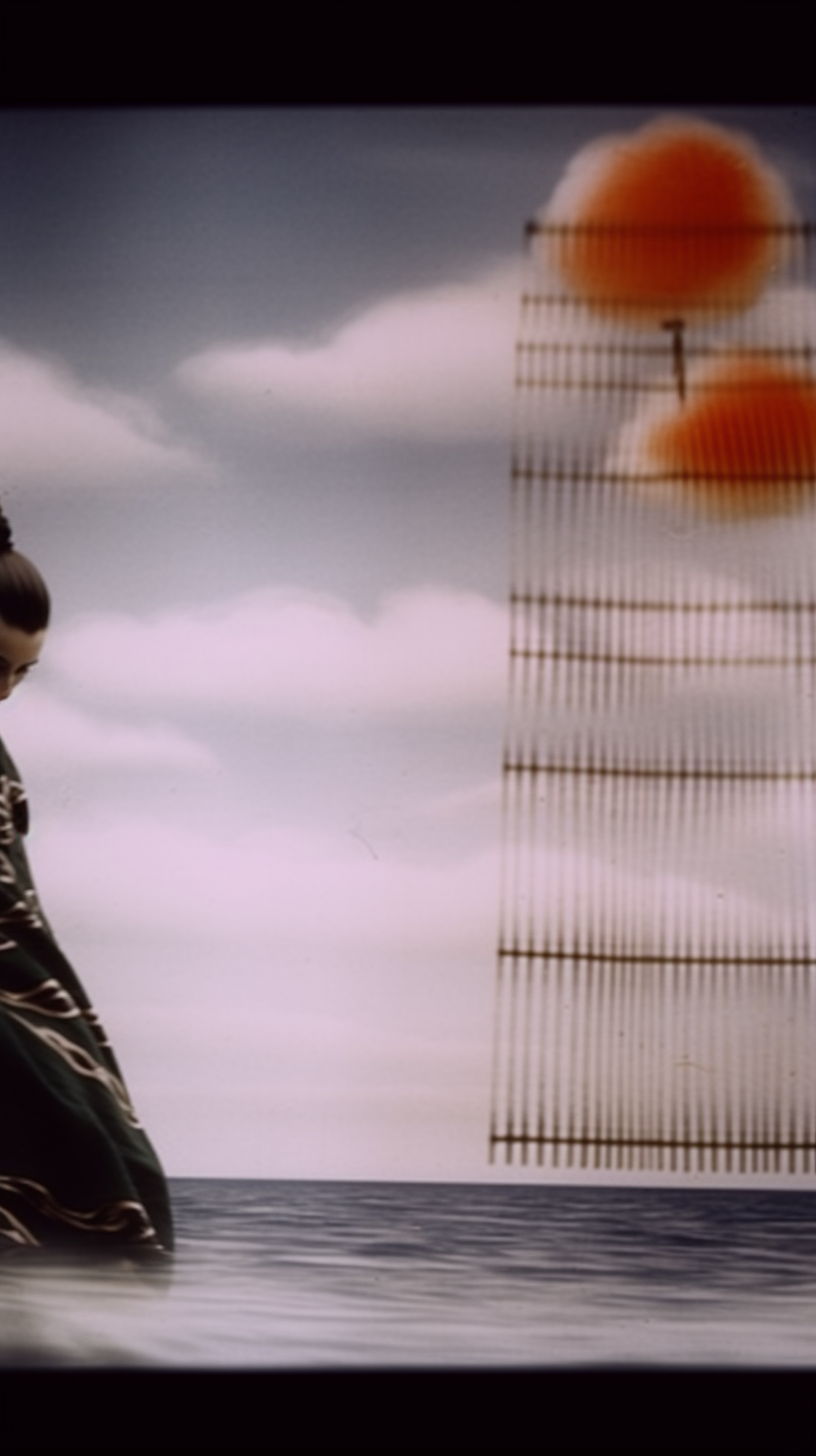AI artwork of a solitary figure wading in dark water on the left, with a massive, floating minimalist grid structure holding a large orange cloud-like shape suspended in a cloudy sky on the right.