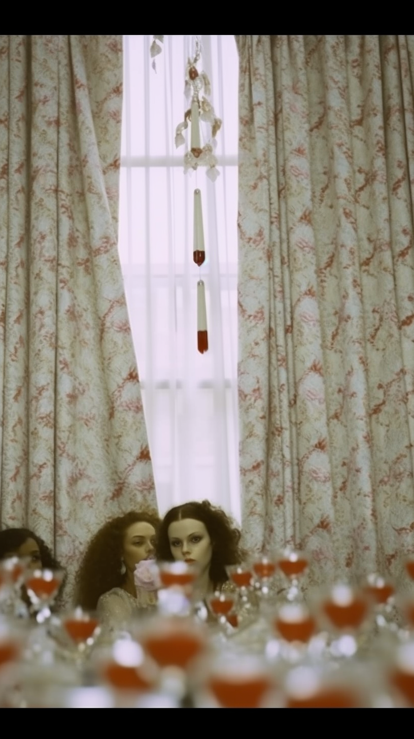 AI artwork of two small decorative elements hanging in a window frame between partially drawn floral curtains, with the blurred tops of women's heads visible at the bottom.
