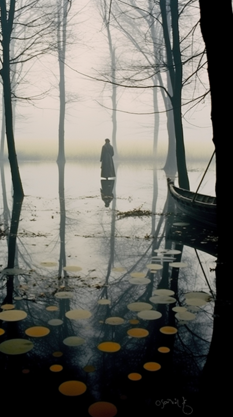 AI artwork depicting a solitary figure standing deep within a flooded, foggy forest, with tree trunks and round lily pads scattered across the calm water surface.