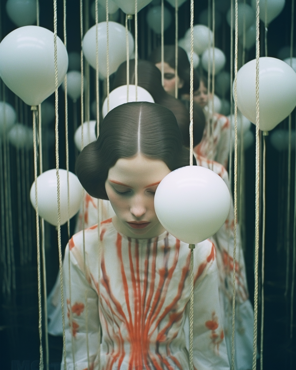 AI artwork of a dark-haired woman looking down, wearing a high-collared dress with radiating red starburst stripes, surrounded by white balloons suspended on fine gold strings.