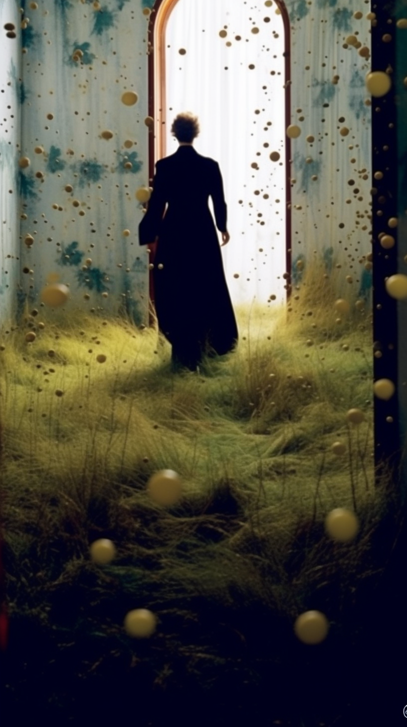AI artwork of a figure in a long dark gown walking through an indoor room completely overgrown with tall, dense green grass and floating glowing yellow spheres toward a bright doorway.