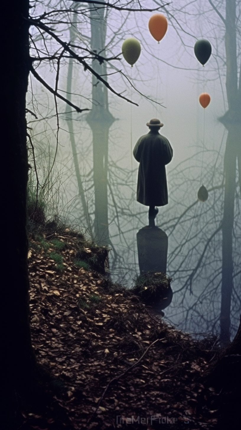 AI artwork of a figure in a dark trench coat and a wide-brimmed hat standing at the edge of a misty lake, with bare trees and a perfect reflection in the still water.