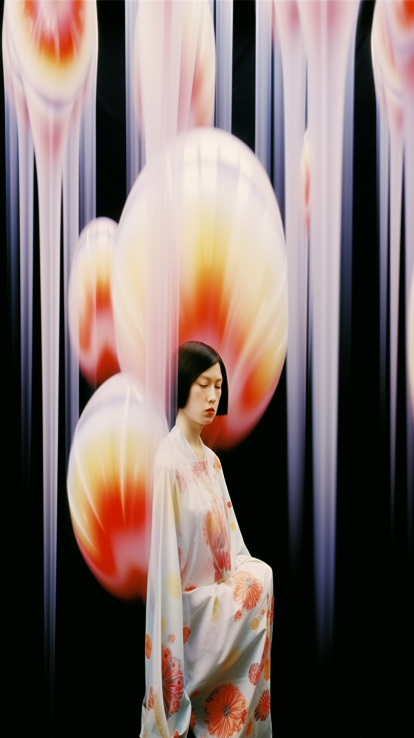 AI artwork showing the profile of a woman with closed eyes standing amidst soft, melting capsule-like shapes of orange and white against a backdrop of vertical white stripes.
