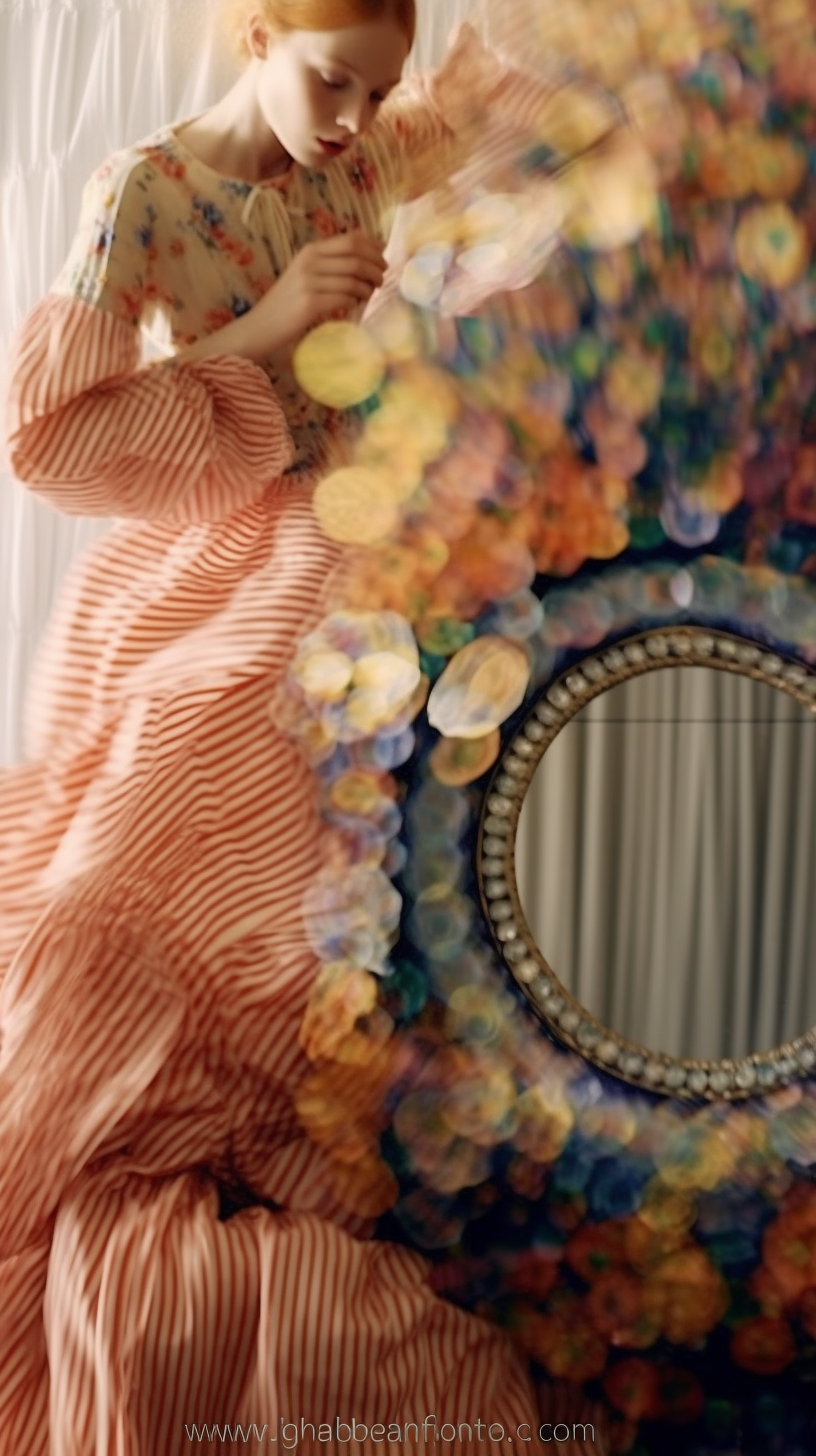 AI artwork showing a close-up of a figure in a red-and-white striped garment next to a round mirror, framed by soft, out-of-focus pastel circles and floral shapes.