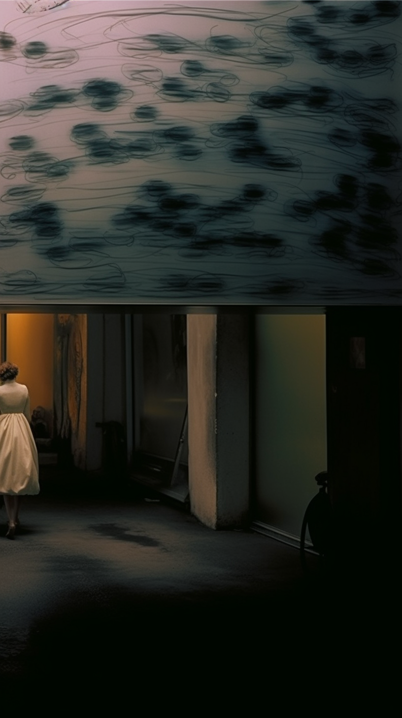 AI artwork of a person in a white dress standing in a dark, shadowed concrete passage underneath a heavily textured, dark ceiling.