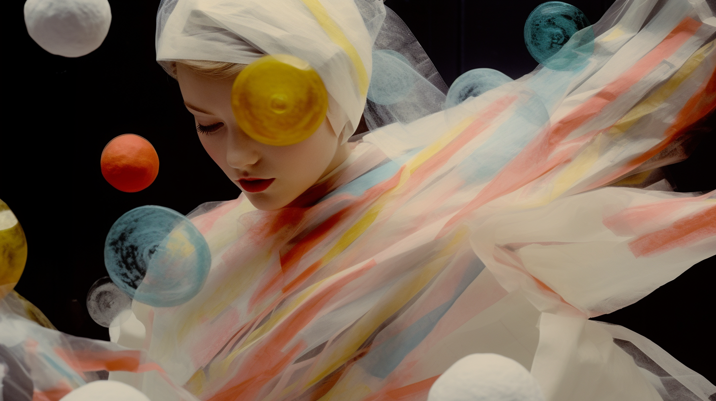 AI artwork featuring a close-up profile of a blonde woman with a translucent headwrap and a yellow disc over her eye, draped in sheer fabric painted with pastel streaks, surrounded by floating colorful spheres against a black background.